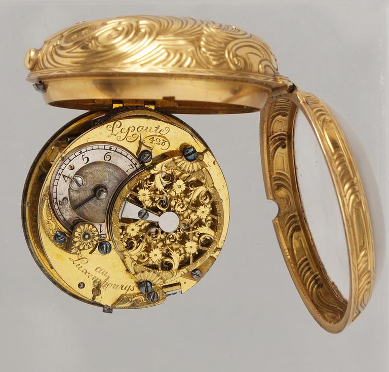 A French 18th century pocket watch by Lepaute, dial face marked "Lepaute" clockwork marked "Lepaute No 428 au Luxembourgs".