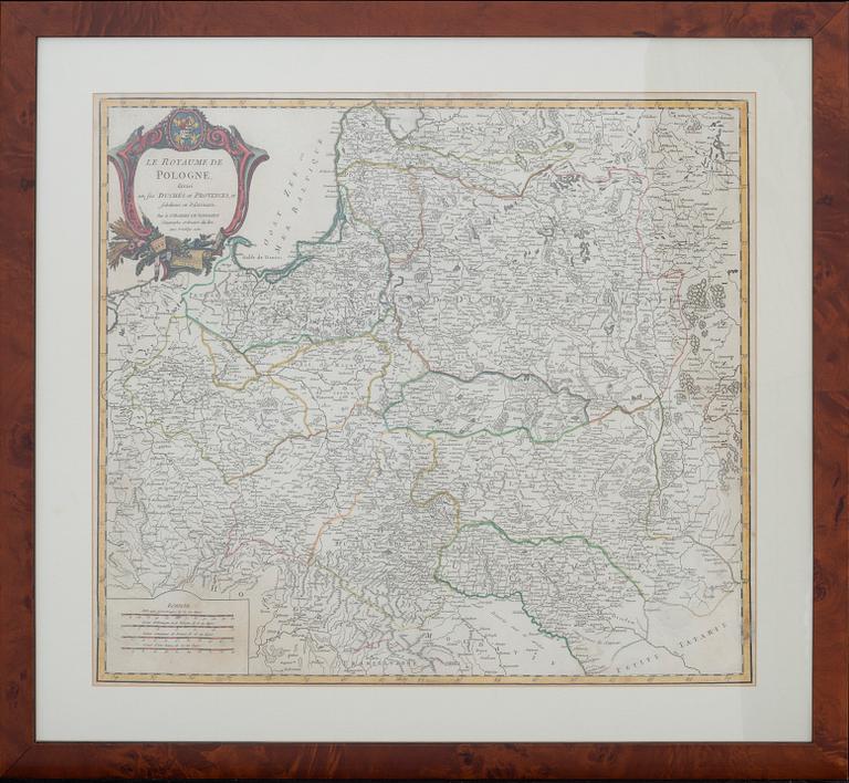MAP - ROBERT DE VAUGONDY, Poland, hand colored copper engraving, Paris 1752.
