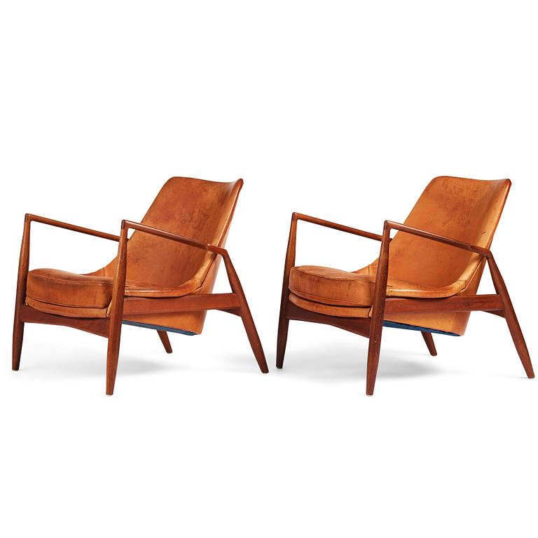 Ib Kofod-Larsen, a pair of teak and cognac coloured leather "Sälen" chairs, for Olof Perssons Fåtöljindustri (OPE), Sweden, 1950-60's.
