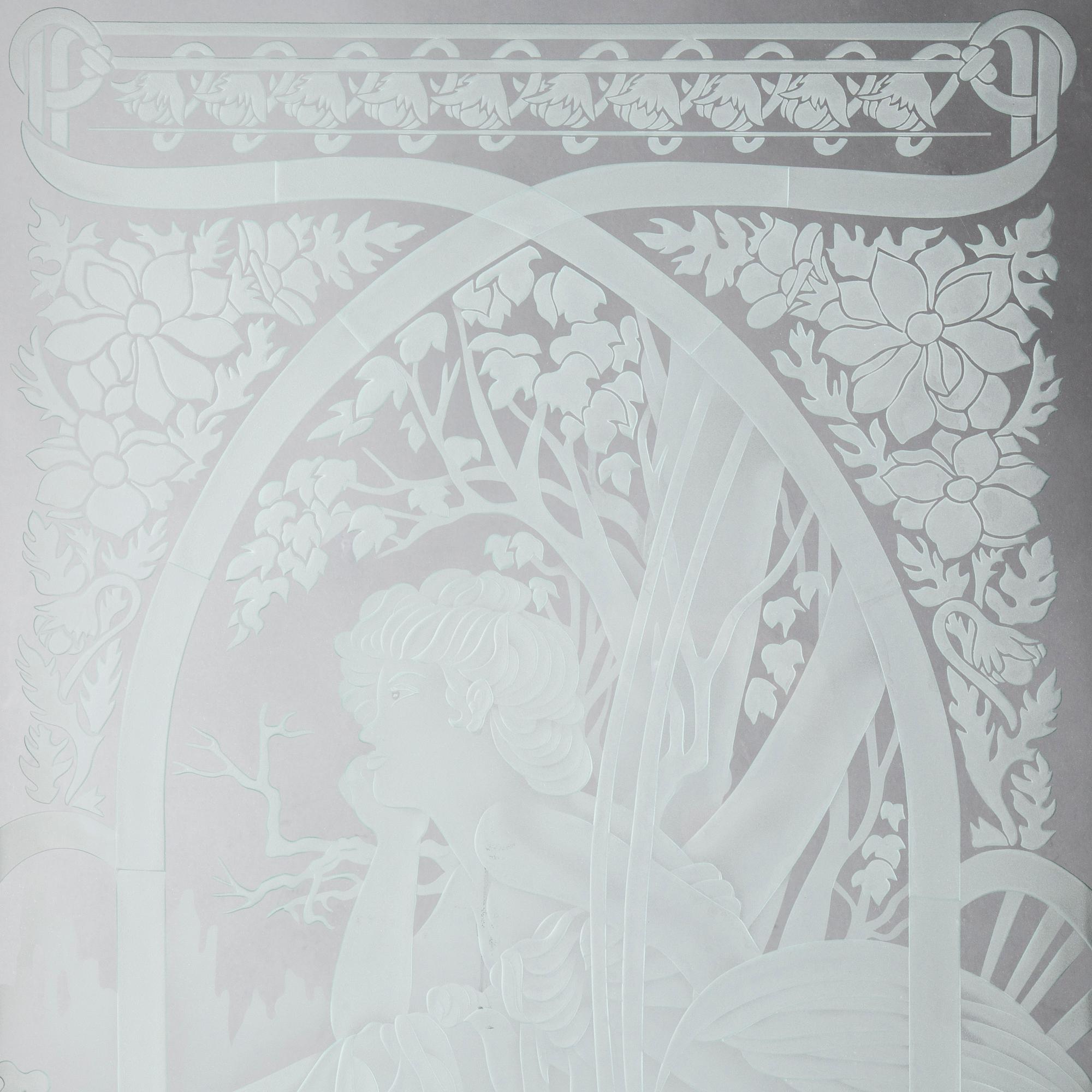 a glass window decor after Alphonse Mucha, 20th century.