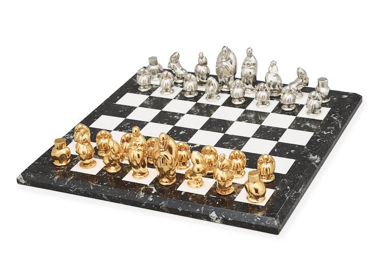 A Marie-Louise Idestam-Blomberg pewter and gilt-pewter chess set, Svenskt Tenn.