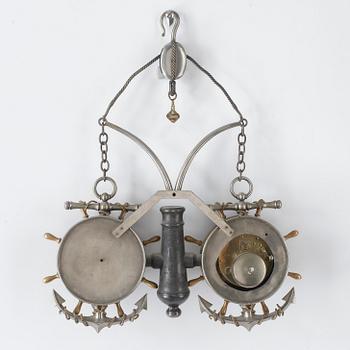 VÄGGUR/BAROMETER, metall och mässing, F.W Tornberg, Stockholm, omkr sekelskiftet 1900.