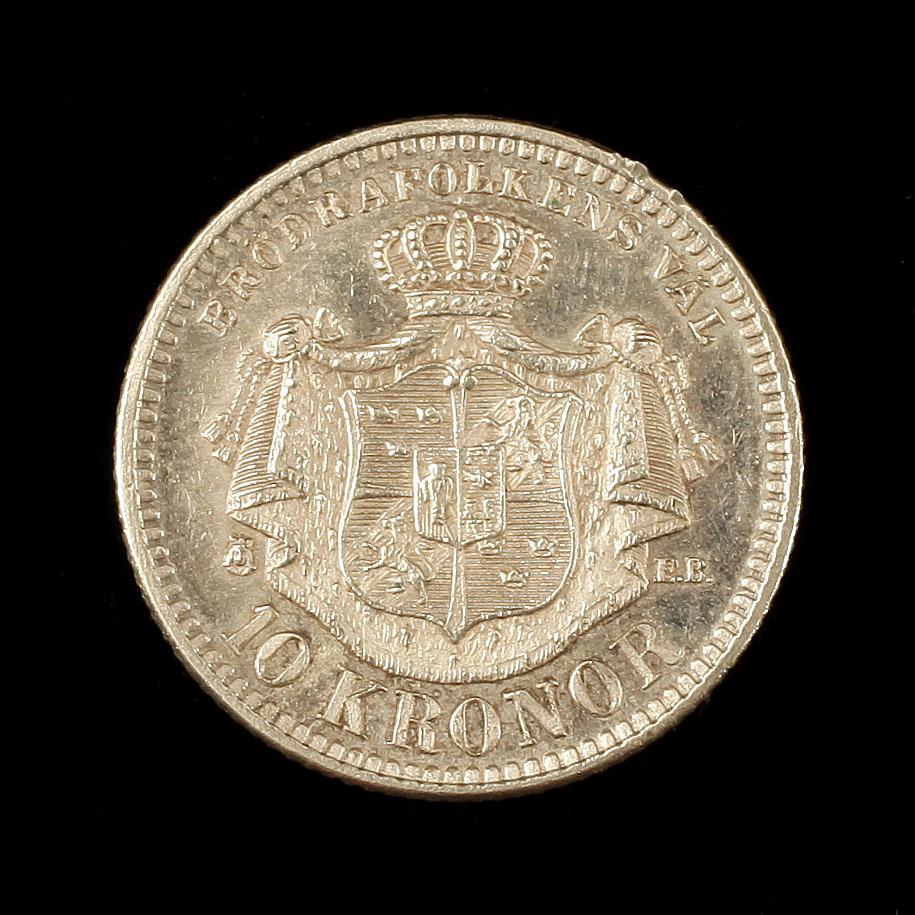 GULDMYNT, Oscar II, 10 kronor, 1901. Vikt ca gram.