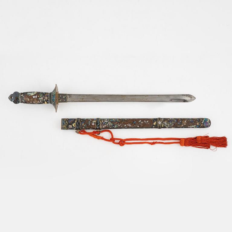 A japanese Ken-style sword with scabbard and handle in cloisonne with floral and animal motives, probably Meiji period.