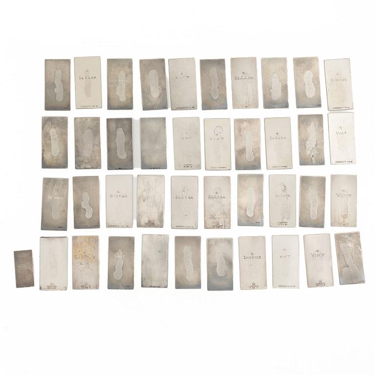 41 silver plaques, “Svenska Gymnastik och Idrottsriksförbund, Distrikts Mästerskap”, CG Hallberg. First half of the 20th century.