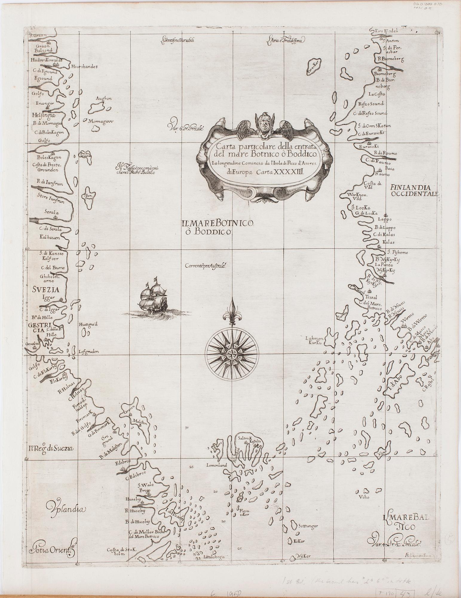 KARTA, Bottenviken, från Dell'Arcano del Mare av Sir Robert Dudley 1600-talets mitt.