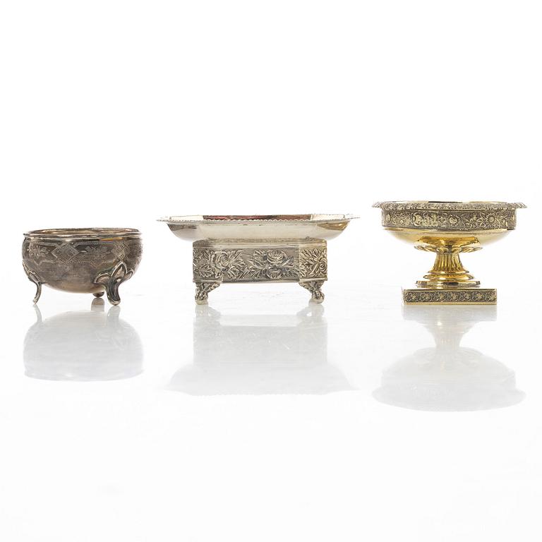 Three Russian silver salt cellars, 19th century.