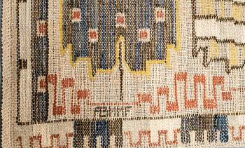 Märta Måås-Fjetterström, a textile, "Grodblad blå", flat weave, ca 62 x 76 cm, signed AB MMF.