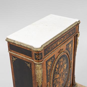 A Napoleon III ebonised, marquetry, and marble cabinet, later part of the 19th century.