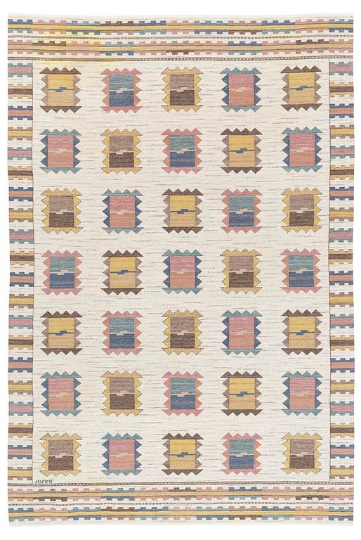 Märta Måås-Fjetterström, matta, "Ljusa Plador" rölakan, ca 355 x 239 cm, signerad AB MMF.