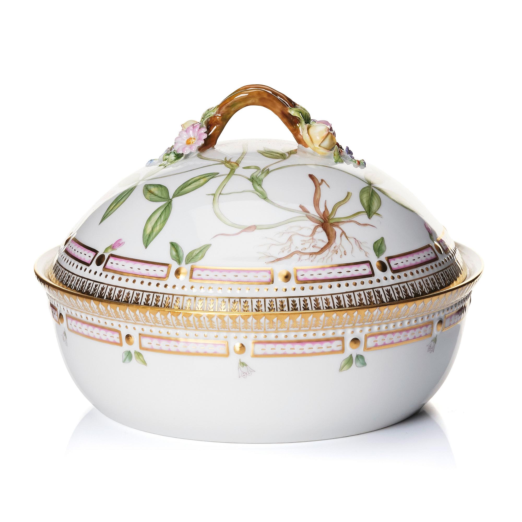Karott med lock, porslin. Royal Copenhagen, "Flora Danica", Danmark, 1900-tal.
