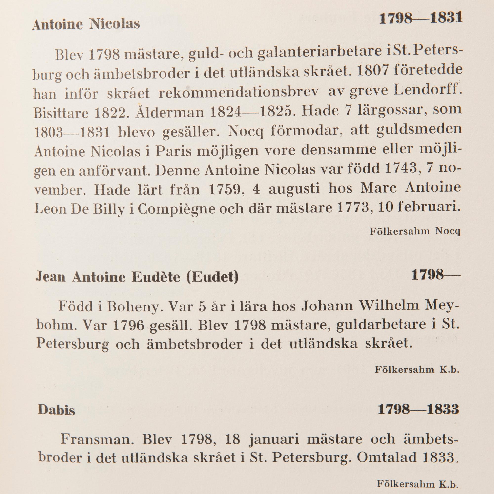 BOK, "St. Petersburgs Juvelerare, Guld- och Silversmeder 1714-1870". Konstsalongens Förlag, Helsingfors 1951.