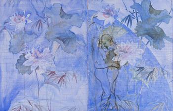 PETRI HYTÖNEN, akryyli, hiili ja tussi, pingotettu kukkakankaalle, signeerattu ja päviätty -92.