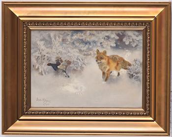 Bruno Liljefors, Winter landscape with fox and black grouse.