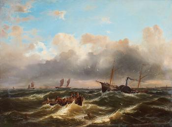 John Wilson Carmichael Hans krets, Hjulångare, roddbåt och segelskutor på upprört hav.