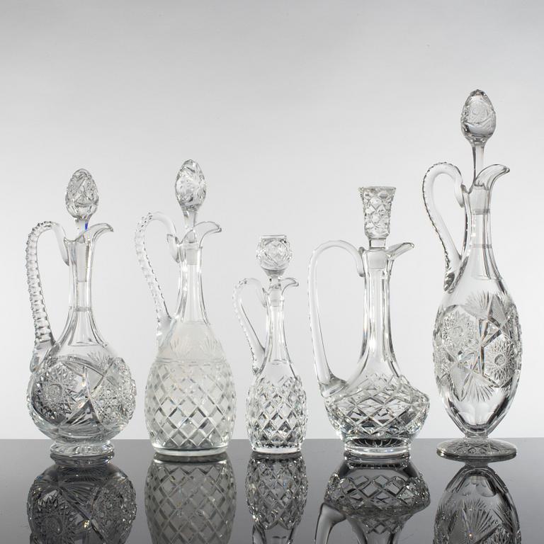 KARAFFER, 5 stycken, glas, 1900-talets första hälft.
