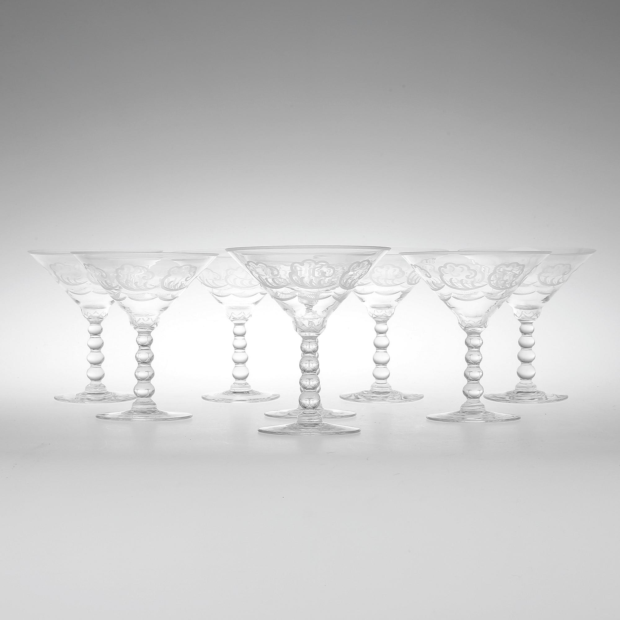 MARTINIGLAS, 8 st, "Molnet", Simon Gate, signerade, Orrefors, 1920-tal.