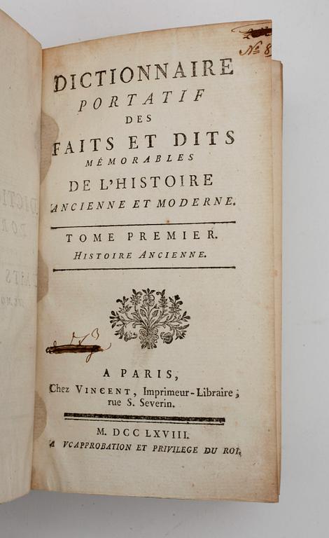 DICTIONNAIRE PORTATIF DES FAITS ET DITS...DE L´HISTOIRE..., 2 vol, Paris 1768.