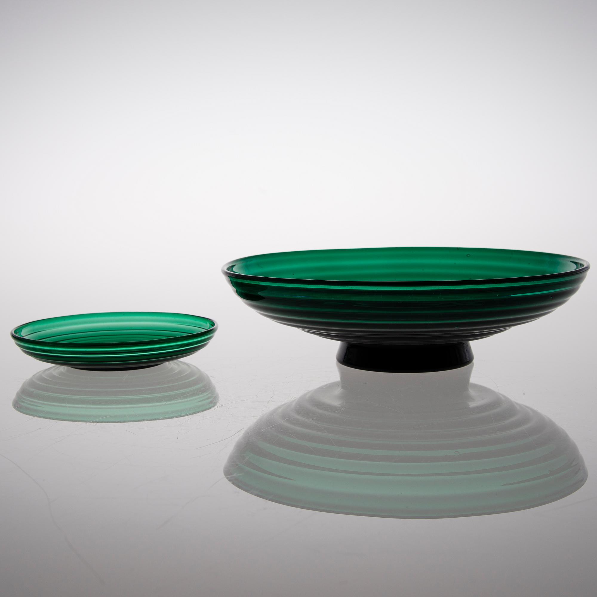 AINO AALTO, SKÅL OCH FAT, 9 st, glas, 'Bölgeblick', Karhula Glasbruk 1930-tal.