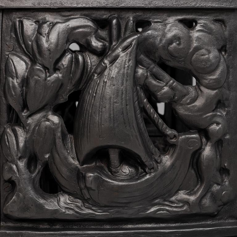 Fireplace front, cast iron, Art Nouveau, after Hans W Larsen, late 20th century.