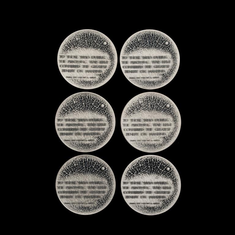 A SET OF SIX SILVER COLLECTORS COINS, Nobel Price Winners 1971 from Sporrong, Sweden.