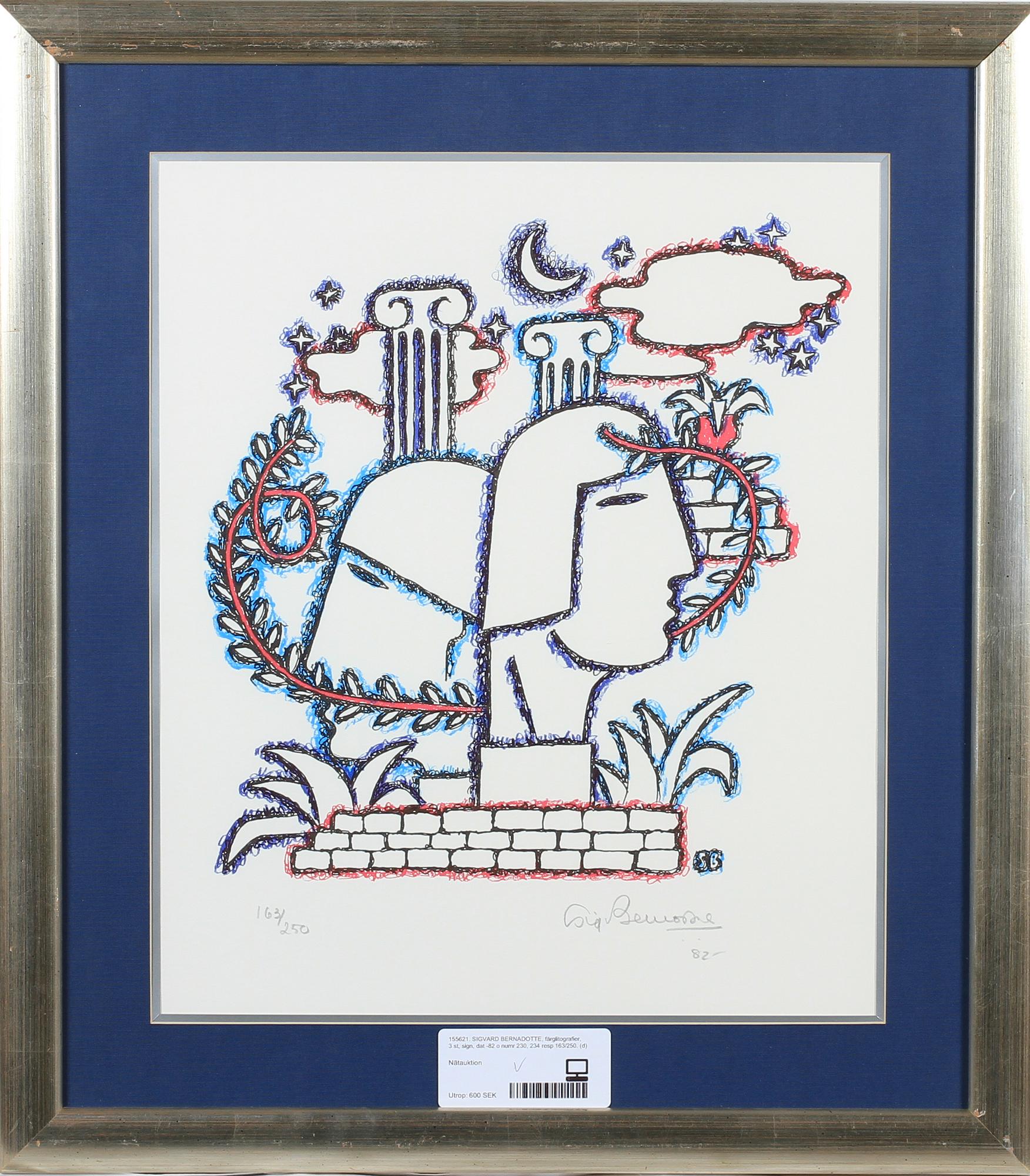 SIGVARD BERNADOTTE, färglitografier, 3 st, sign, dat -82 o numr 230, 234 resp 163/250.