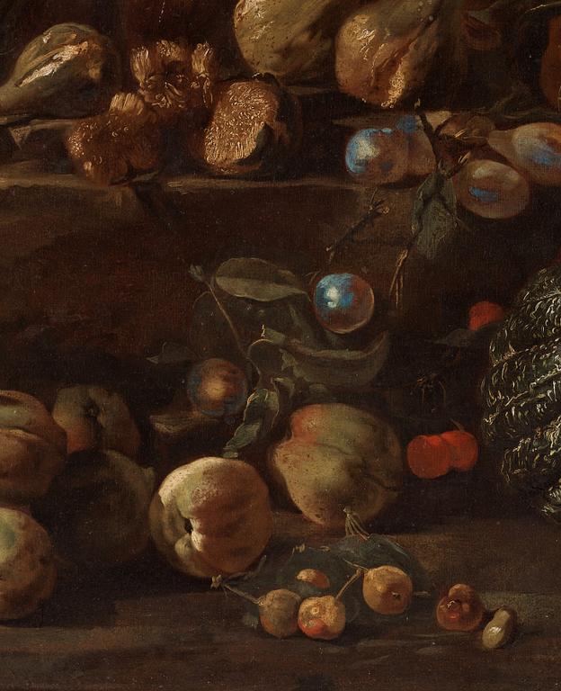 Michelangelo Pace da Campidoglio Tillskriven, Stilleben med frukter i ett landskap.