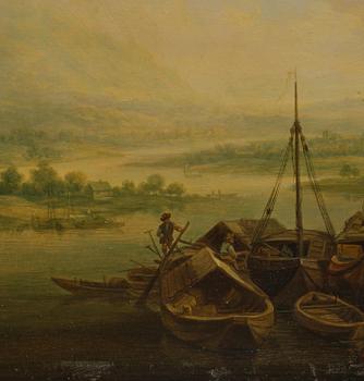 Christian Georg Schütz, Pastorala flodlandskap med figurer och båter, ett par.
