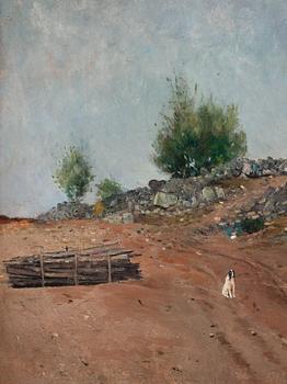 Carl Fredrik Hill, "Väg med sittande hund, Fontainebleau" (Road with sitting dog, Fontainebleau).