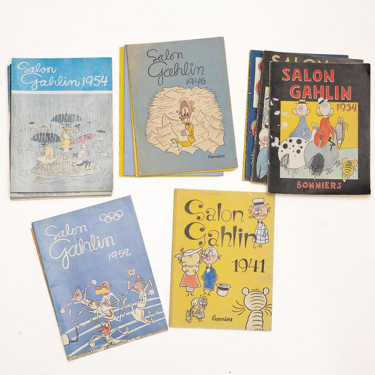Collection of comic books, including "Salon Gahlin", "Pelle Svanslös" and "Elitserien", 1930s–1990s.