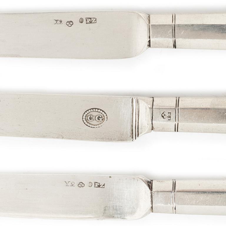 Gustaviansk, Knives, 10 pieces, silver, Pehr Zethelius and Adolf Zethelius, Stockholm, among others, 1804.