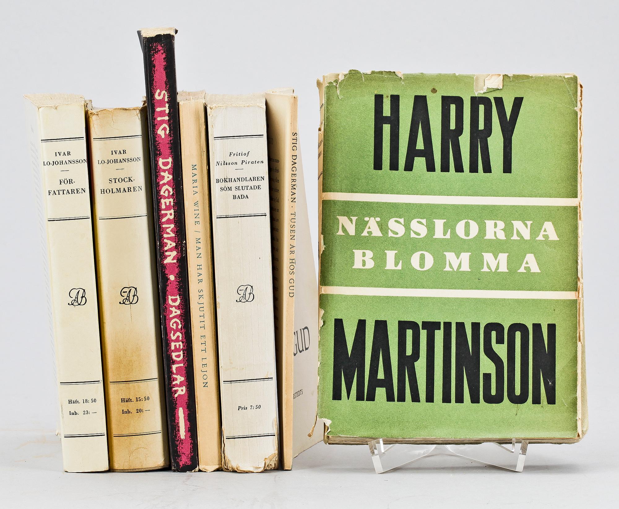 BOKPARTI, 7 delar, skönlitteratur, bla "Nässlorna blomma" av Harry Martinson, originalupplaga 1935.