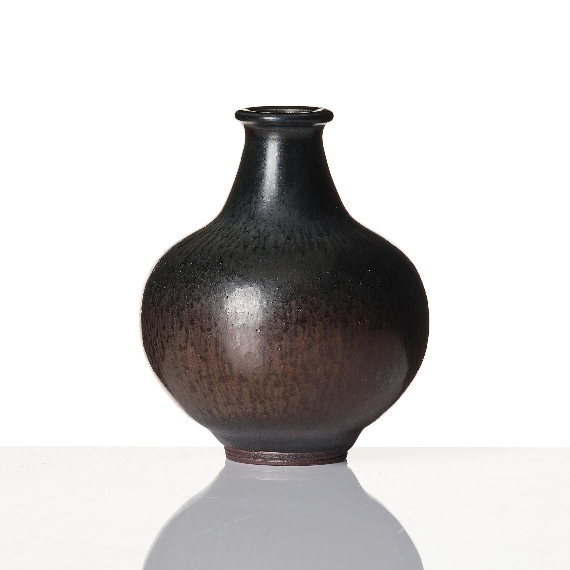 Berndt Friberg, a set of two stoneware vases and a bowl with rabbit's fur glazes, Gustavsberg Studio, Sweden, dated 1944-45, 1956, 1958.