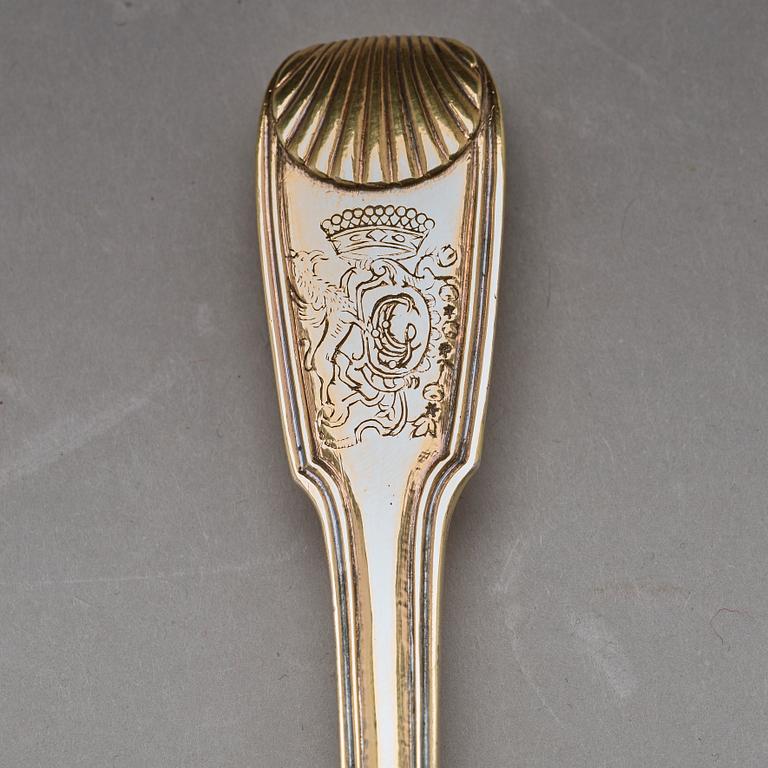 A five piece set of silver-gilt travel-cutlery, unidentifiable makers mark, Paris 1798-1809, in original box.