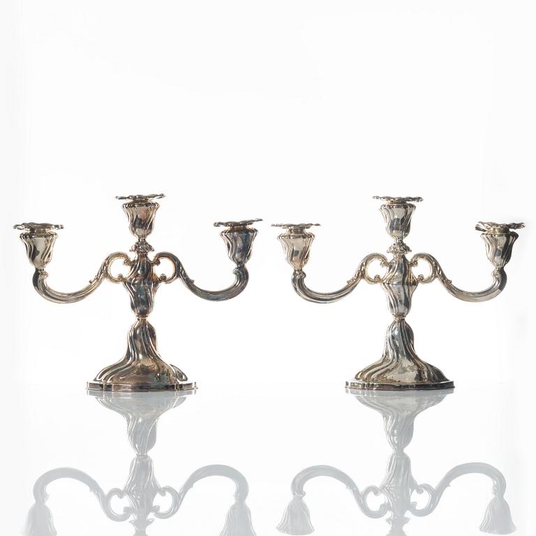 Bruckmann & Sohne, candelabras, a pair, silver, Rococo style, Heilbronn, Germany, 20th century, Swedish import mark.