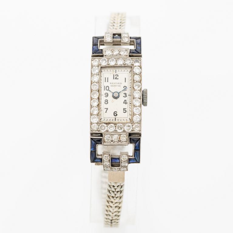 Ladies’ wristwatch in platinum and 18K white gold with old-cut diamonds and sapphires, Art Deco.