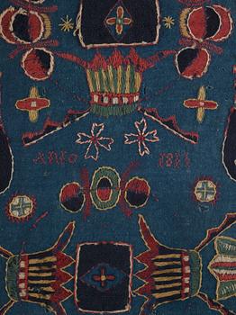 Inramad åkdyna, broderad, ca 93,5 x 43 cm, signerad AMA, Skåne, daterad 1811.