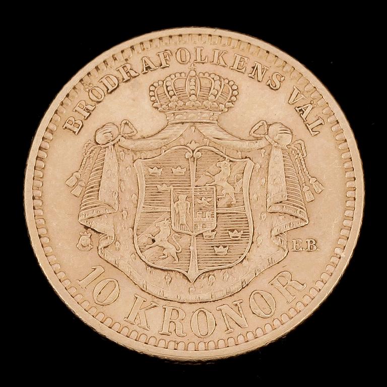 MYNT, 23k guld, 10 kronor, Oscar II, Sverige och Norge 1901. Vikt ca4,5g.