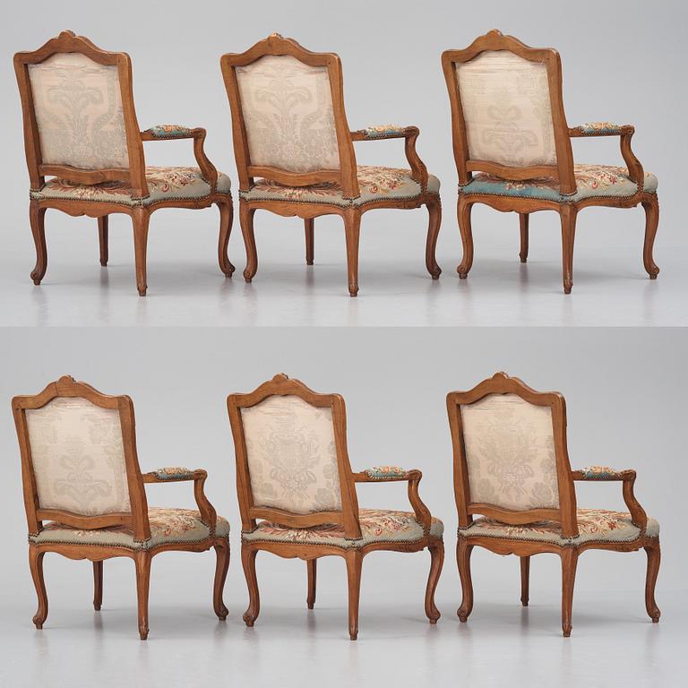 A set of six Louis XV armchairs, mid 18th century.