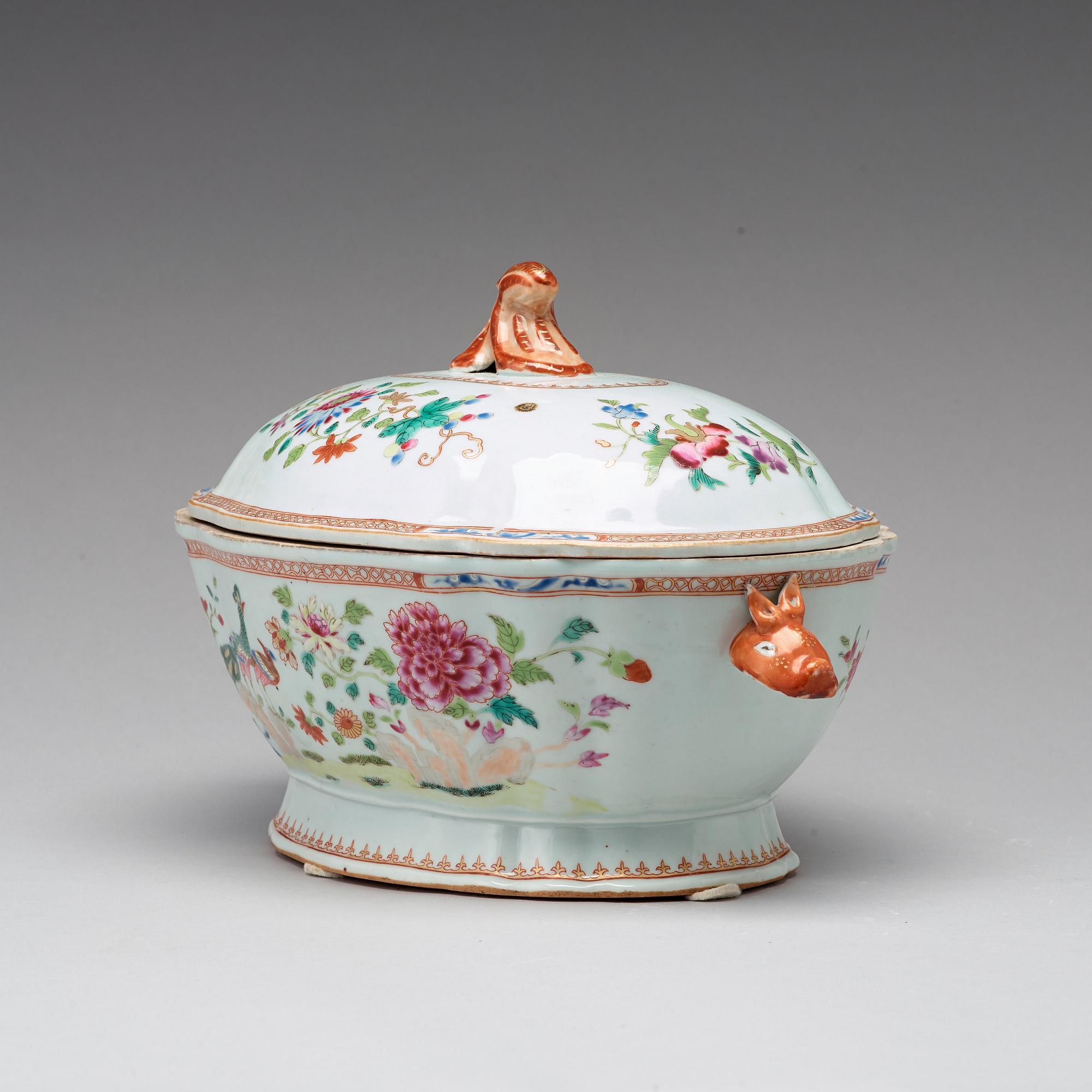 A famille rose 'double peacock' tureen with cover, Qing dynasty, Qianlong (1736-95).