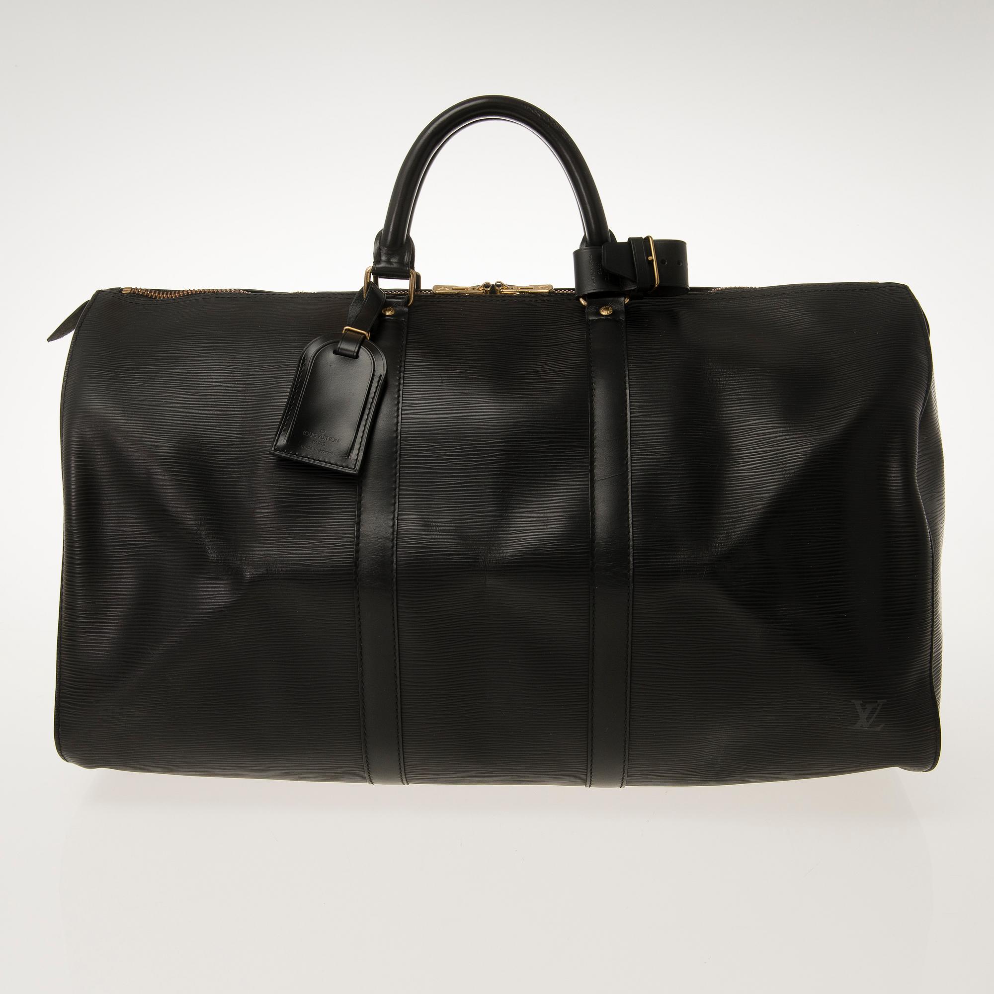 LOUIS VUITTON BLACK EPI LEATHER KEEPALL 50 TRAVEL BAG.