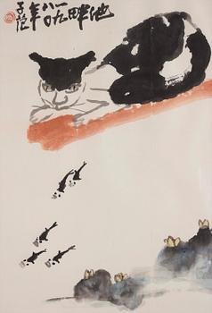 1161. Cui Zifan, Cui Zifan (1915-2011), ink and colour on paper. 'Cat and goldfish'.