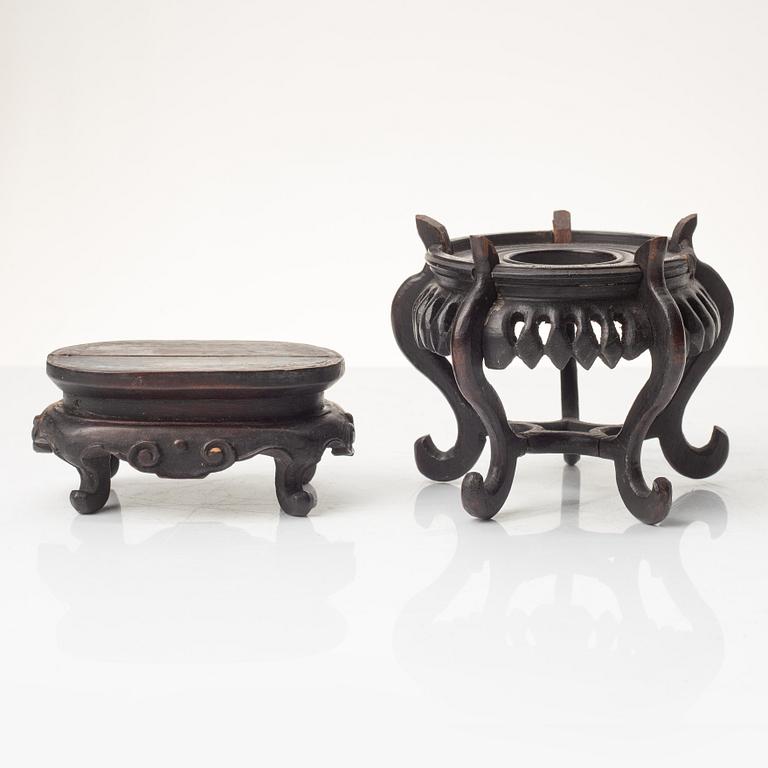 A group of Chinese hardwood stands and a cover, Qing dynasty and later.