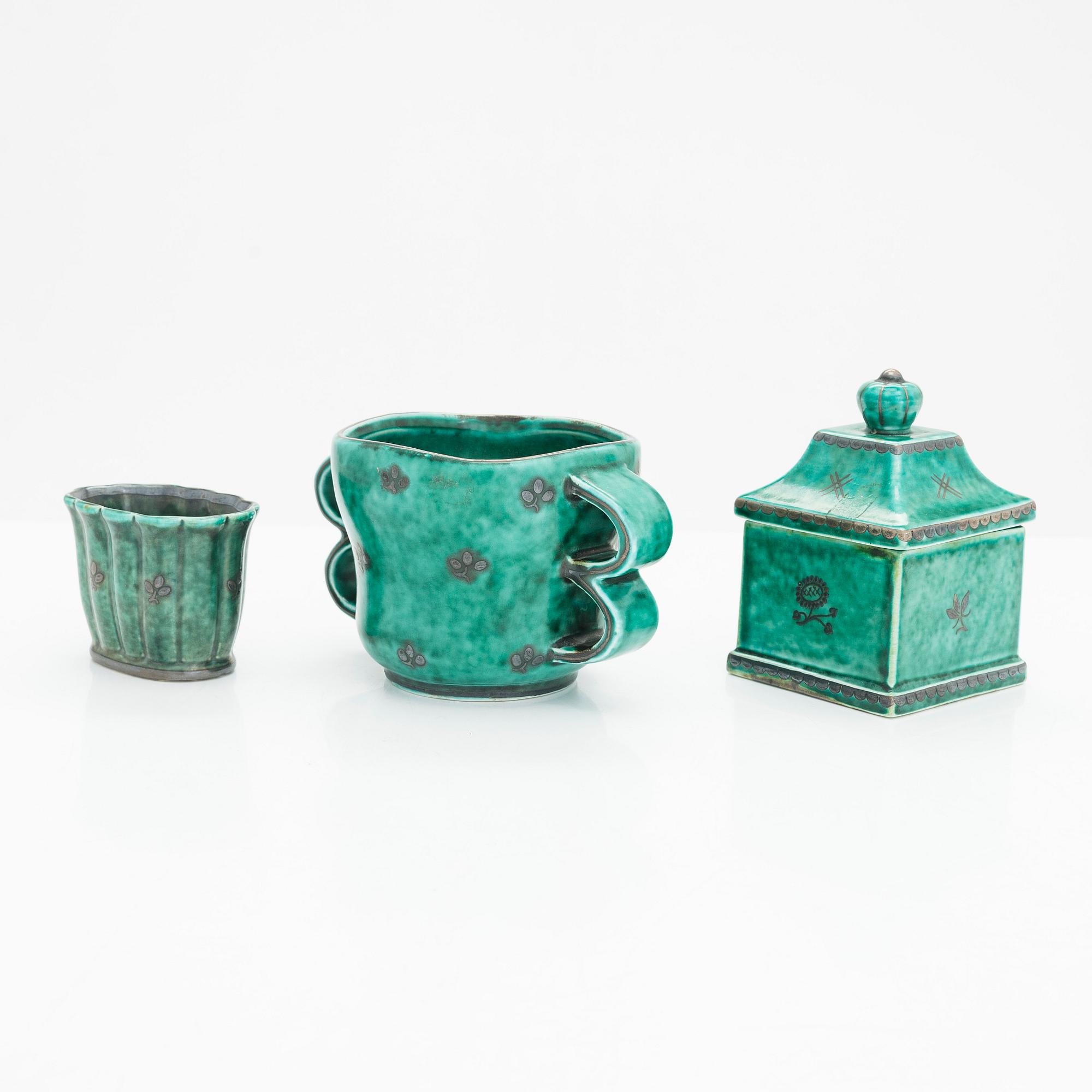 Wilhelm Kåge, An 'Argenta' lidded jar, a cup with handles and a bowl, Gustavsberg, Sweden.