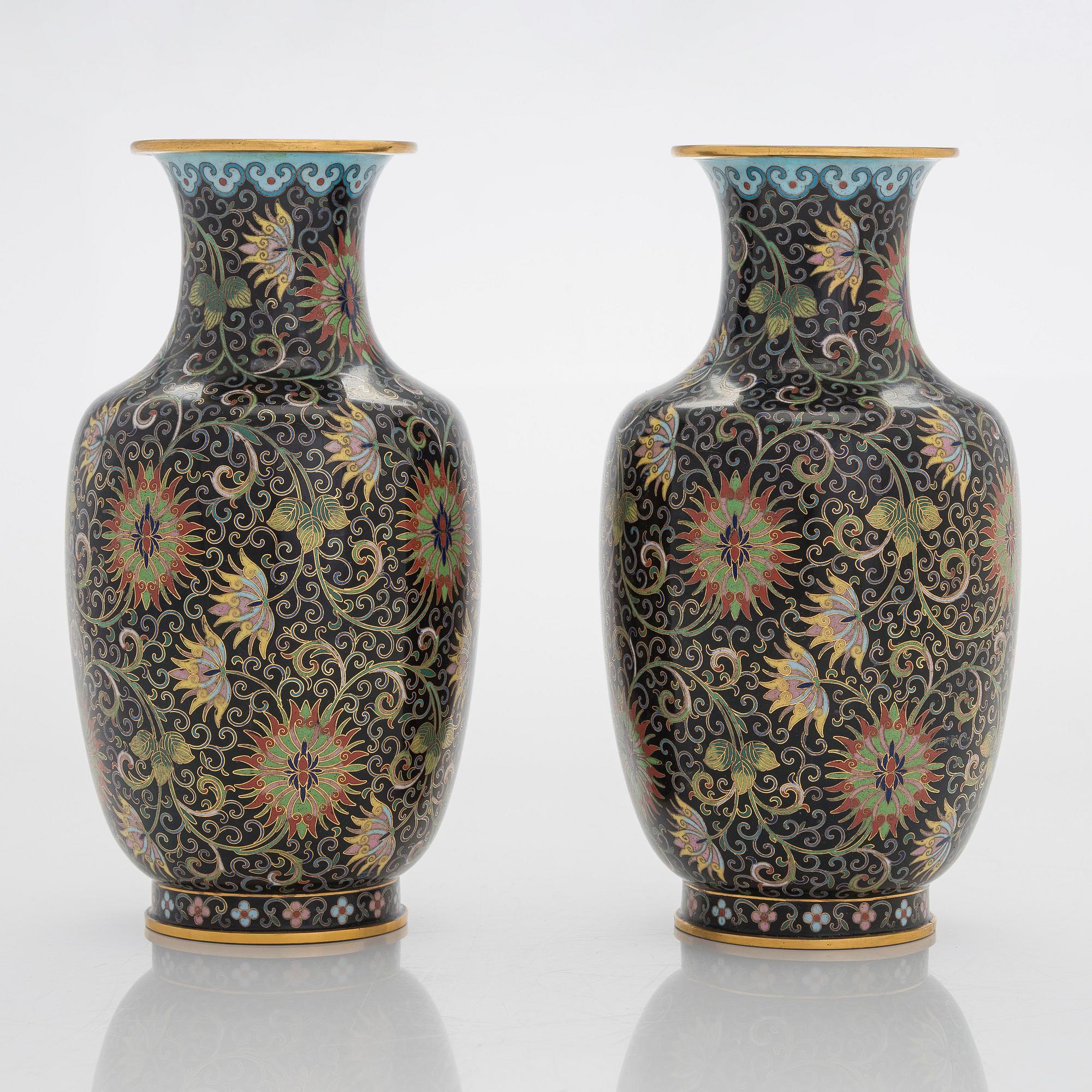A pair of cloisonné enameled vases, China, 20th century.