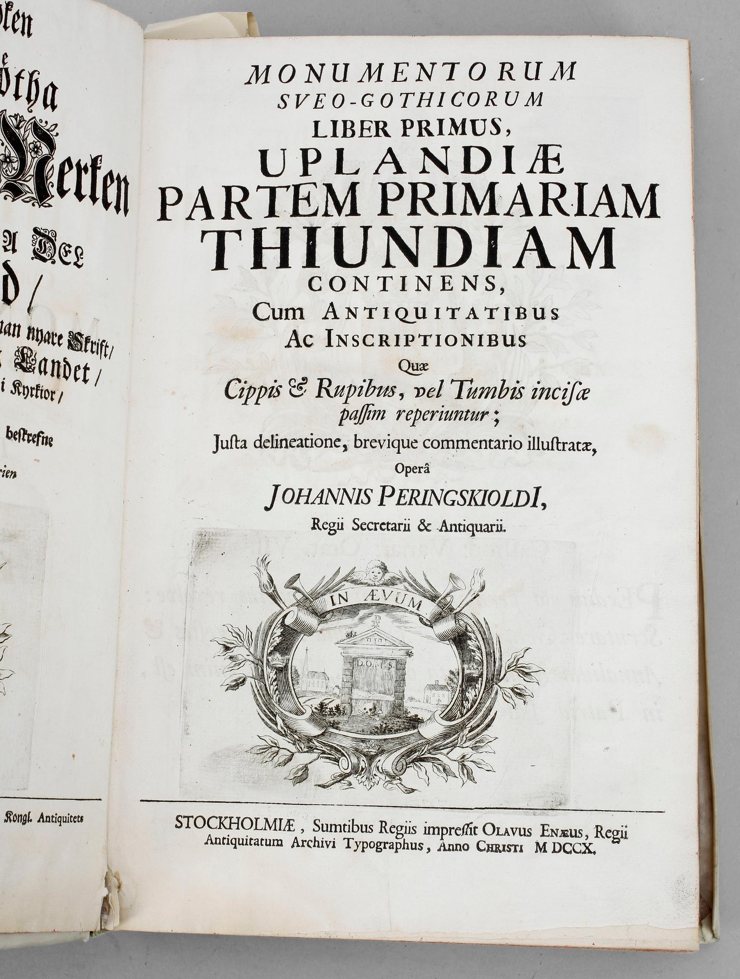 BOK, "Monumenta Uplandica per Thiundam" av Johan Peringskiöld, Stockholm 1710 och 1719.