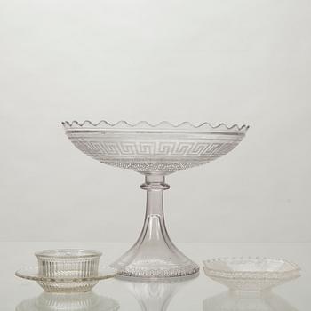 UPPSATSSKÅL, SMÖRASK och 2 NÅLFAT, pressglas, sekelskiftet 1800/1900.