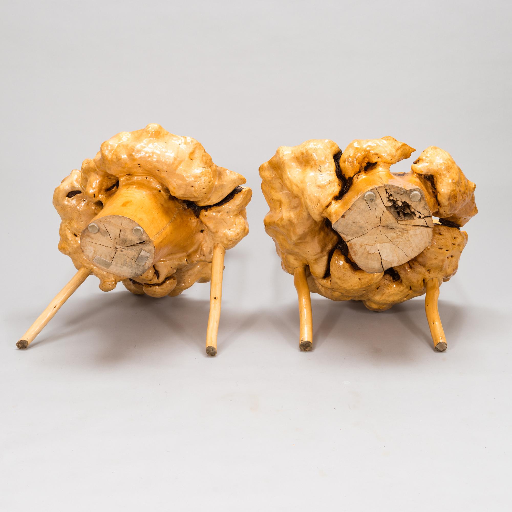 A pair of mid-20th century burr wood easy chairs made by  Johannes Järvelä, Finland.