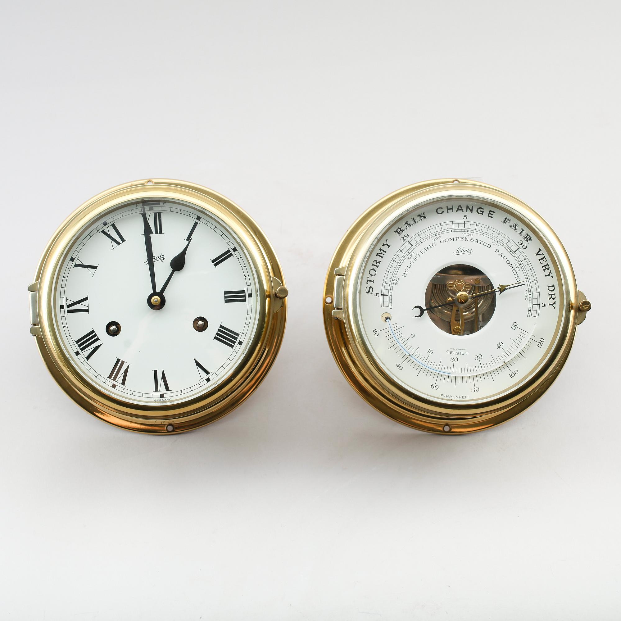 SKEPPSUR SAMT BAROMETER, mässing, Schatz, 1900-talets mitt.