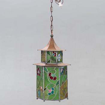Lampa, koppar, blyinfattat glas, 1940-tal.